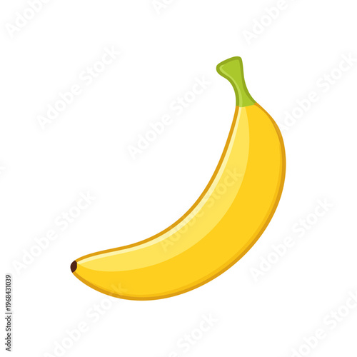 Bright yellow banana with green stem isolated on white background