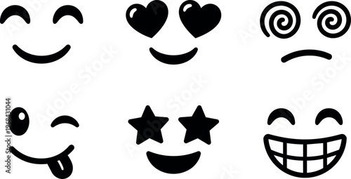 Black and white smiley faces with heart eyes star eyes and tongue out expressions vector art