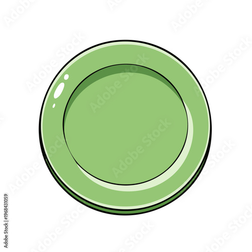Clean light green circular dinner plate with a shiny reflective surface and thick rim isolated on white background