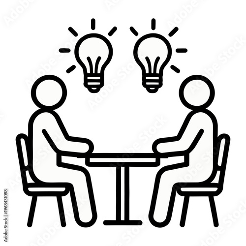 Minimalist vector featuring two people sitting at a table with lightbulb ideas hovering above them