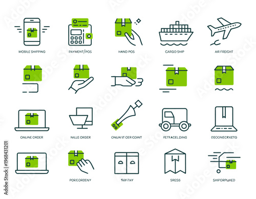 Vector showcasing various shipping and logistics methods in a green color scheme