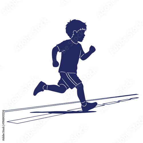 Silhouette of a young boy running fast on a road with determination and energy graphic design illustration