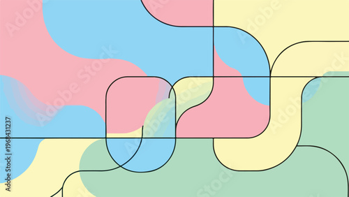 Abstract design with rounded corners, intersecting lines, and pastel colors