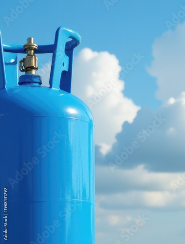 Propane gas tank standing against a cloudy blue sky