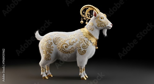 Golden goat figurine, ornate white animal statue, decorative horn jewelry, luxury home decor