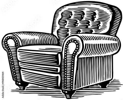 An upholstered armchair with button tufting on the back and rolled arms, rendered in a classic black and white illustration style, showcasing vintage furniture design