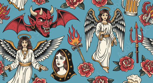 Vintage Old School Tattoo Seamless Pattern with Angels, Red Devil, Roses, and Religious Icons. Classic Traditional Flash Art Background for Apparel and Wallpaper Design.