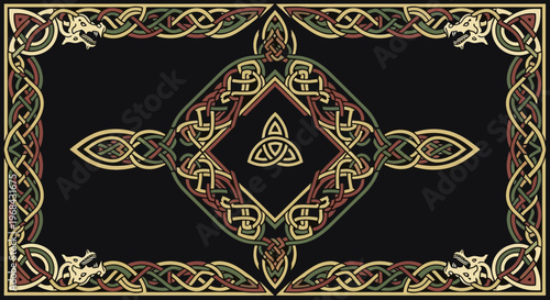 Ornate Celtic Knotwork Border with Triquetra Symbol and Dragon Heads, Intricate Medieval Viking Pattern Illustration on Black
