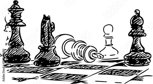Chess game fallen king pawn and queen on board strategy competition and board game elements
