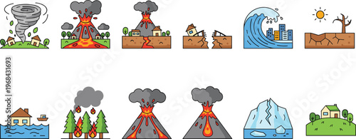 Vector illustration of natural disasters including tornado, volcano, earthquake, tsunami, flood, drought and wildfire