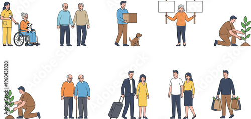 Vector illustration of people in daily community activities including caregiving, companionship, activism, travel and environmental care