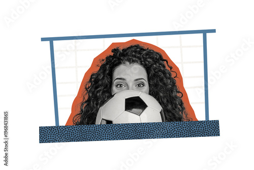 Composite photo collage of cunning sports girl peek football ball goalkeeper net gate activity euro league isolated on painted background