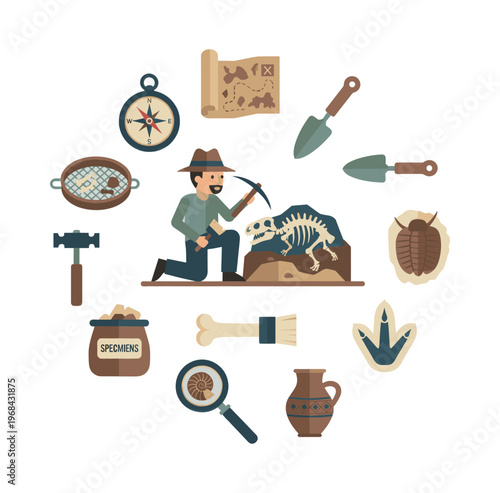 Archeologist digging up ancient fossils and historical objects, surrounded by archeology tools, a map and prehistoric findings
