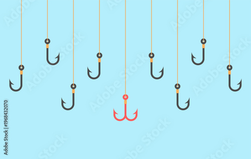 Fishing hooks background with one red hook standing out concept