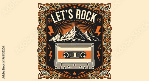 Vintage "Let's Rock" Retro Illustration with Cassette Tape, Mountain Peaks, and Lightning Bolts in a Decorative Celtic Border for Apparel and Music Posters