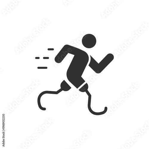 Running athlete with prosthetic legs icon. Paralympic sport and adaptive running concept. Monochrome black and white symbol