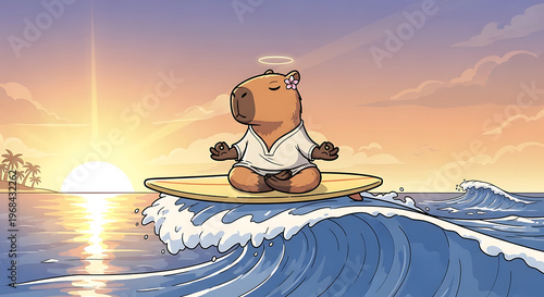A whimsical illustration of a calm capybara meditating peacefully on a surfboard, gracefully riding a gentle ocean wave into the serene tropical sunset, embodying harmony and relaxation