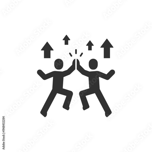 Two people celebrating success with upward arrows icon. Achievement growth and positive progress concept. Monochrome black and white symbol