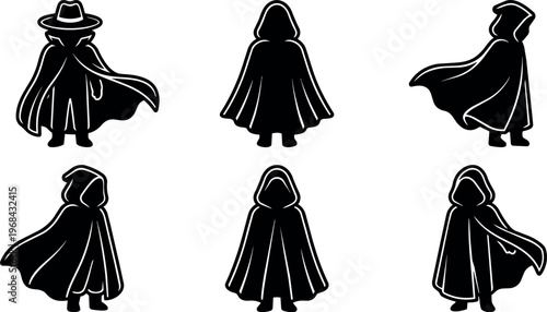 Black silhouette cloaked figure wearing hat and hood vector art set