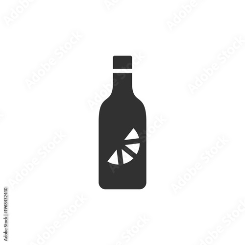 Limoncello bottle with lemon slice icon. Citrus liqueur alcoholic drink concept. Monochrome black and white symbol