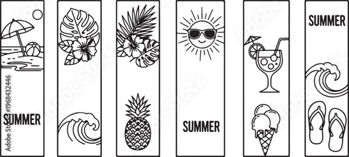 Various summer symbols and icons including sun, palm tree and ice cream Vector