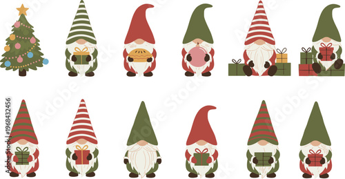 Vector illustration of Christmas gnomes with festive decorations, gifts and holiday tree in cheerful seasonal style