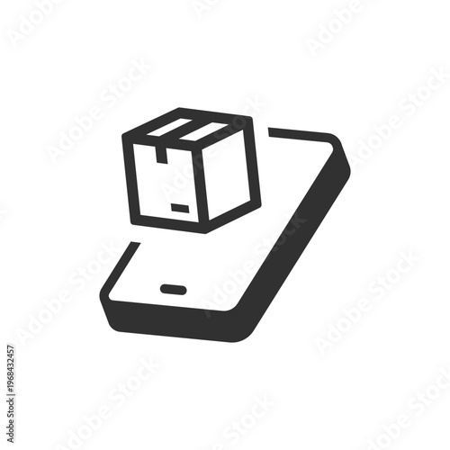 Mobile parcel delivery icon. Online shopping and smartphone delivery concept. Monochrome black and white symbol