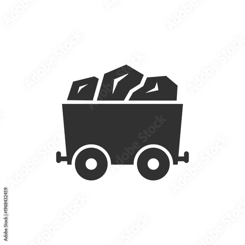 Mining cart with ore icon. Mineral extraction and mining industry concept. Monochrome black and white symbol