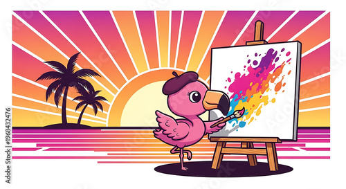 Artistic cartoon flamingo paints a vibrant, colorful masterpiece on an easel, silhouetted against a breathtaking tropical sunset with palm trees, celebrating summer creativity