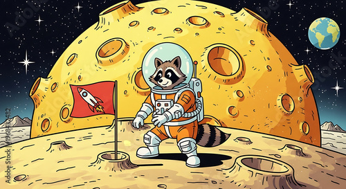 Astronaut raccoon planting flag on the moon with cat companion, outer space exploration and adventure
