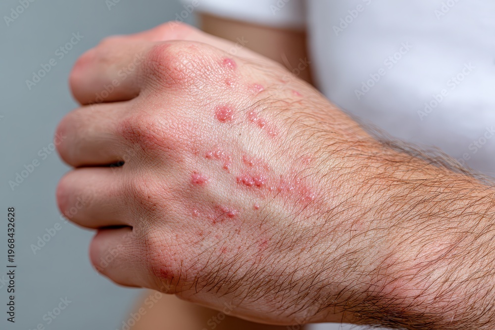 Fototapeta premium Close-up view of a person's hand showing a rash with red bumps and irritation on the skin.