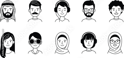 Vector illustration of diverse cartoon avatars with different hairstyles, accessories and facial features