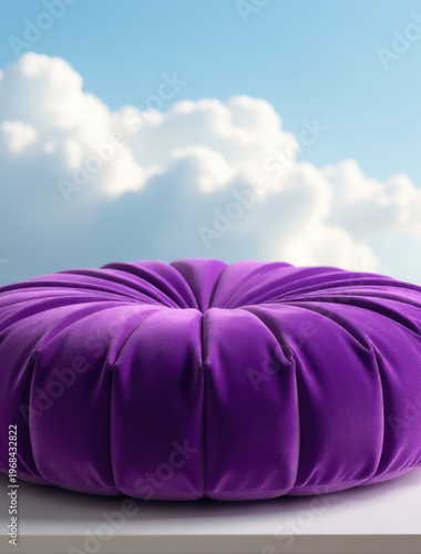 A plush purple pillow sits atop a wooden or metal table, perfect for decorating a room or adding a pop of color to your furniture
