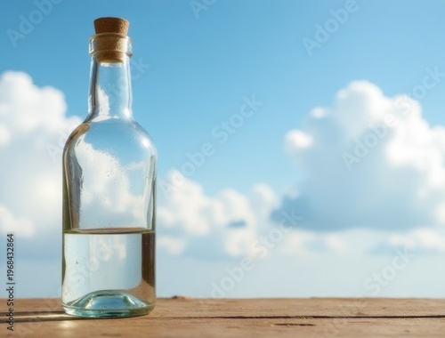 A clear glass water bottle placed on top of a wooden table, with a simple and minimalist design