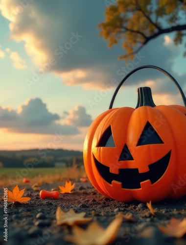 Autumnal scene featuring a pumpkin sitting among leaves, suitable for seasonal or harvest-themed imagery
