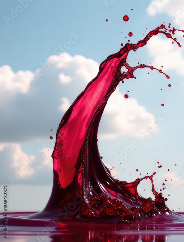 A splash of red liquid enters the calm water, creating ripples and movement
