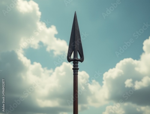 A large metal spear stuck in the ground, can be used as a background or for outdoor scene