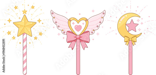 Vector illustration of magical wands with star, heart and moon designs in pastel fantasy style