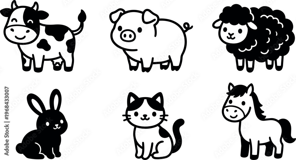 Obraz premium Black and white cartoon farm animals set with cow pig sheep rabbit cat and horse