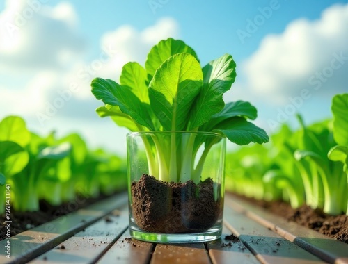 Fresh lettuce growing in a glass on a wooden table