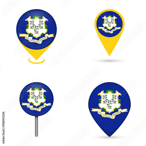 Connecticut State Flag Map Pin Icons Set Collection