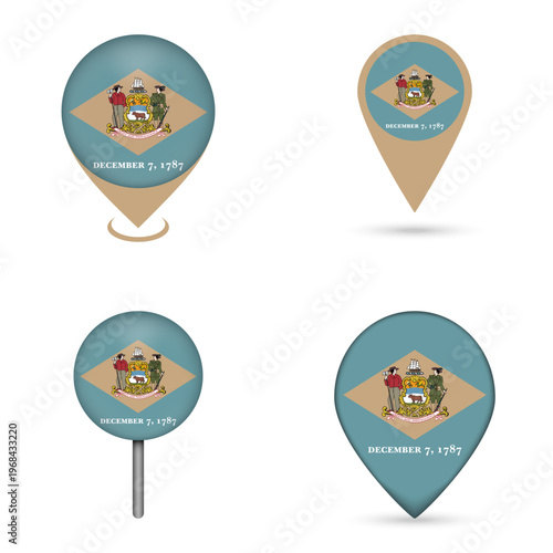 Delaware State Flag Map Pin Icons Set Collection