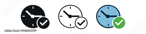 Clock with checkmark icon set. time, schedule, deadline, punctuality, appointment, completed, approved, on time. line, flat and colored vector icon set.