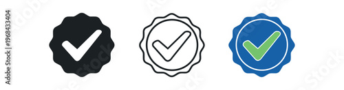 Check mark badge icon set. check, tick, approval, verified, seal, certification, quality, success. line, flat and colored vector icon set.