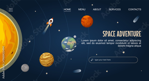 Space Adventure landing webpage template with solar system and space objects. Vector illustration