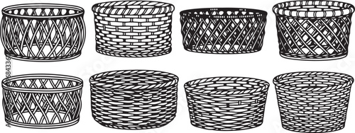 Variations of woven basket designs with different textures and patterns Vector