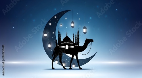 Ramadan, crescent moon, camel silhouette, mosque, lanterns, night sky