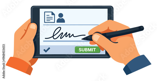Hand using a stylus pen to digitally sign an electronic document on a tablet, finalizing the submission of the agreement