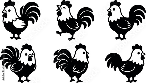 Six rooster icons in different poses