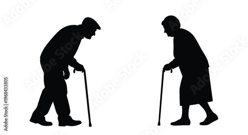 An elderly couple facing each other with walking canes a striking silhouette